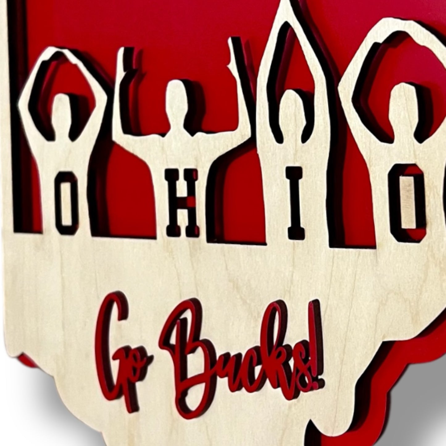 Close-up of Ohio State O-H-I-O people layered sign with Go Bucks!