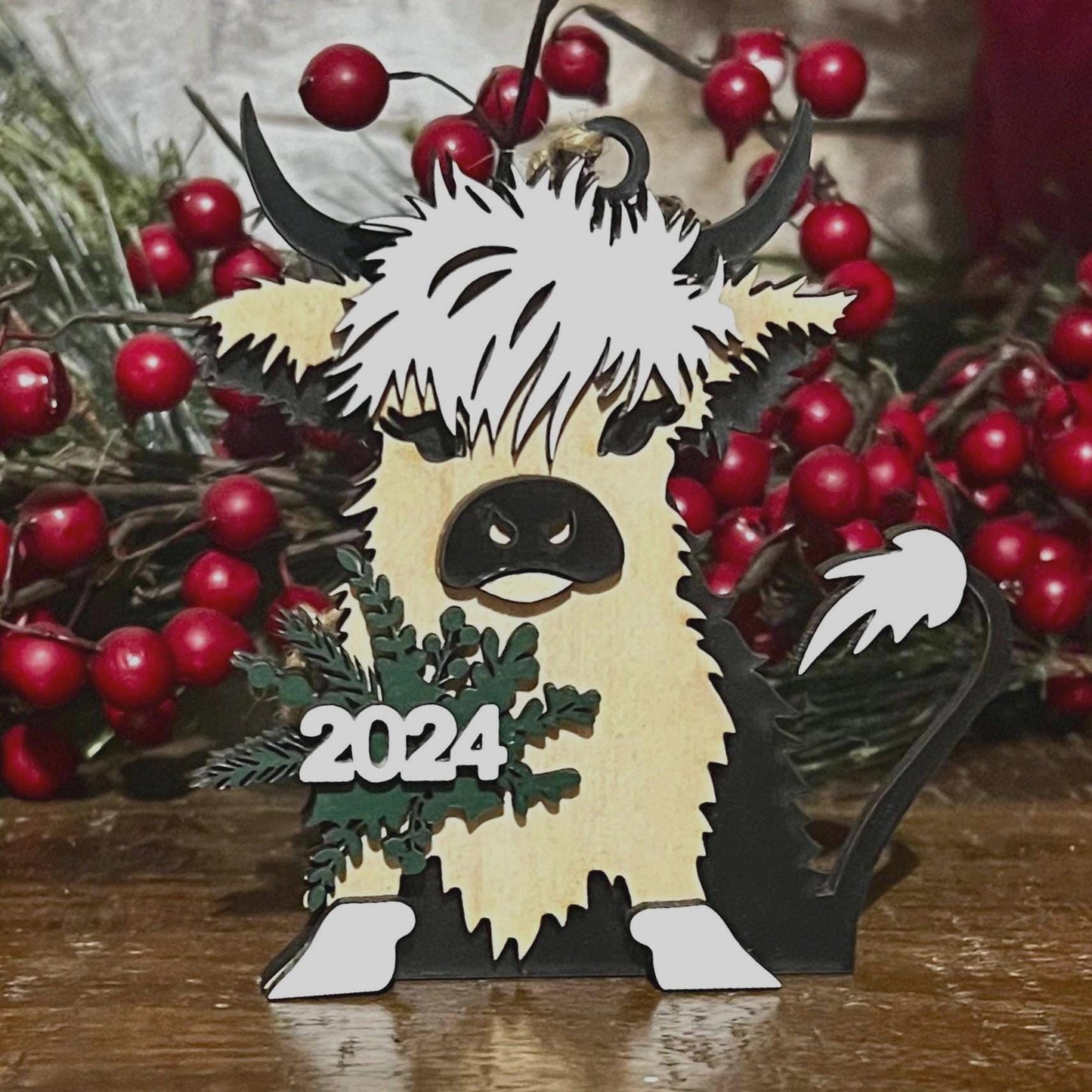 Layered Highland Cow Christmas Ornament