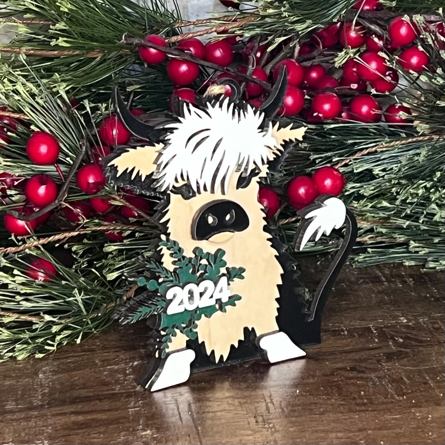 Layered Highland Cow Christmas Ornament