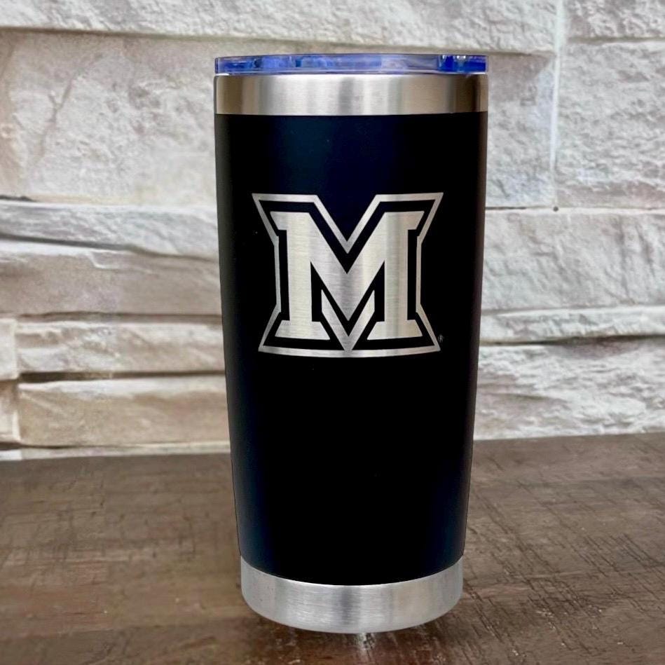 Black coffee tumbler with silver Miami Ohio logo engraved