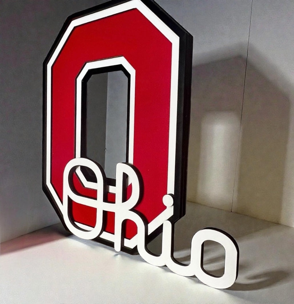 6-layer laser cut Ohio state Block O with Ohio Script Sign with stand