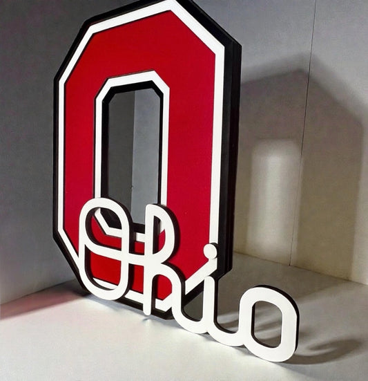 6-layer laser cut Ohio state Block O with Ohio Script Sign with stand