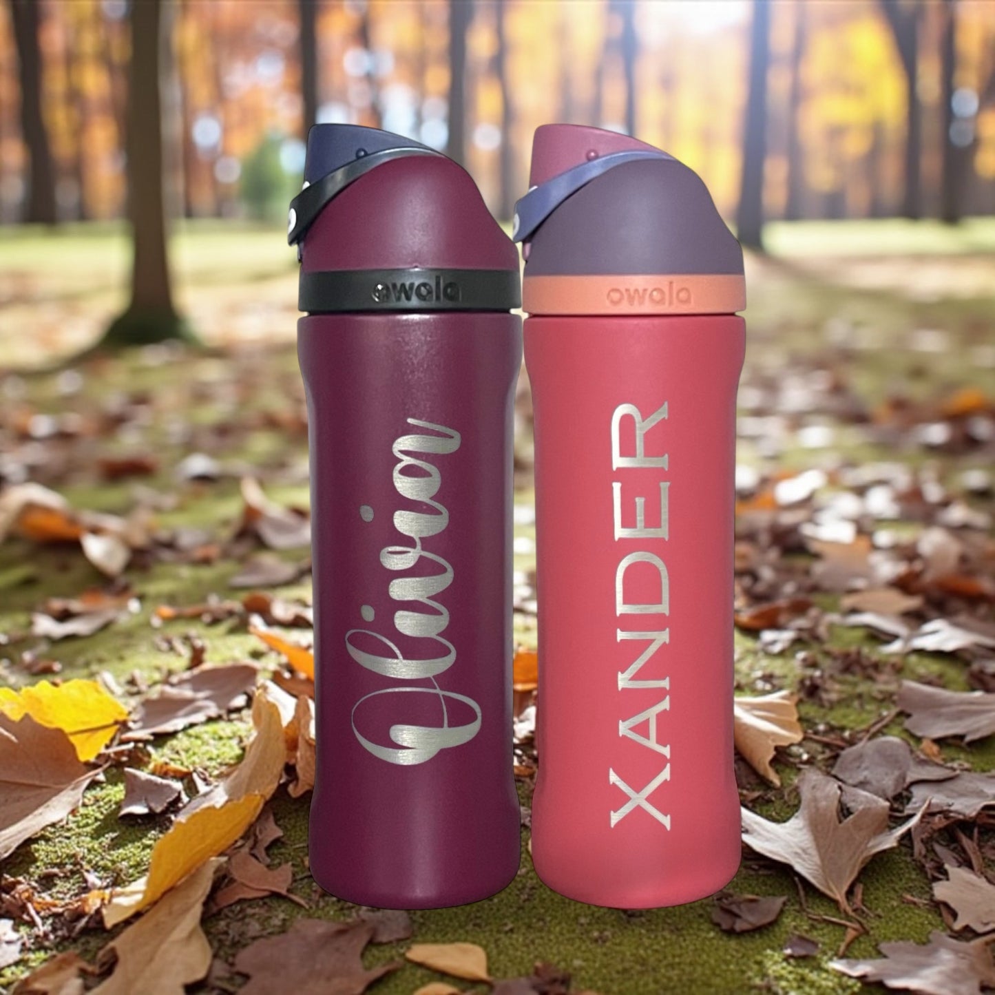 Engraved personalized Owala freesip 24oz water bottle examples new burgundy bay and terracotta sunrise colors