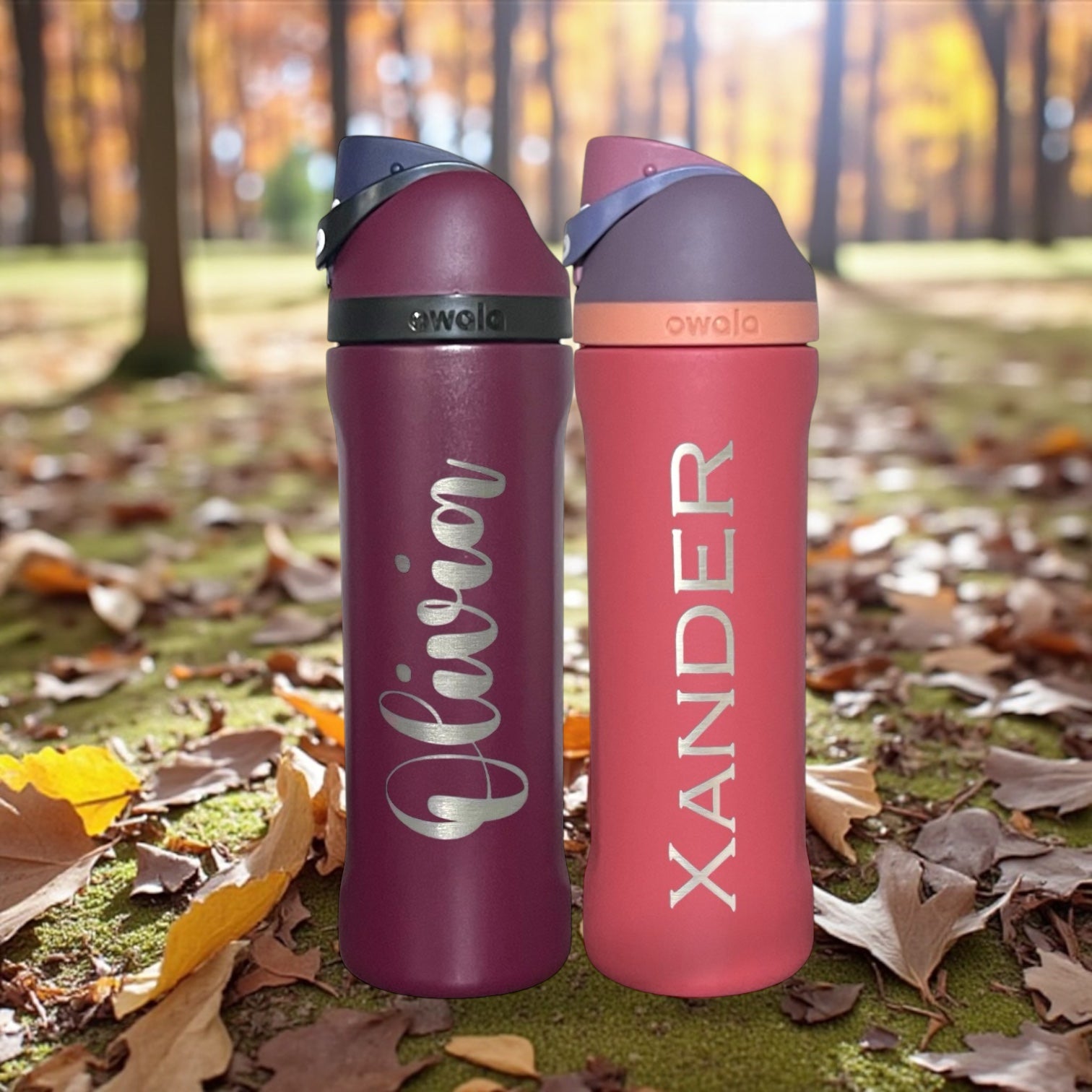 Engraved personalized Owala freesip 24oz water bottle examples new burgundy bay and terracotta sunrise colors