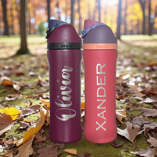 Engraved personalized Owala freesip 24oz water bottle examples new burgundy bay and terracotta sunrise colors
