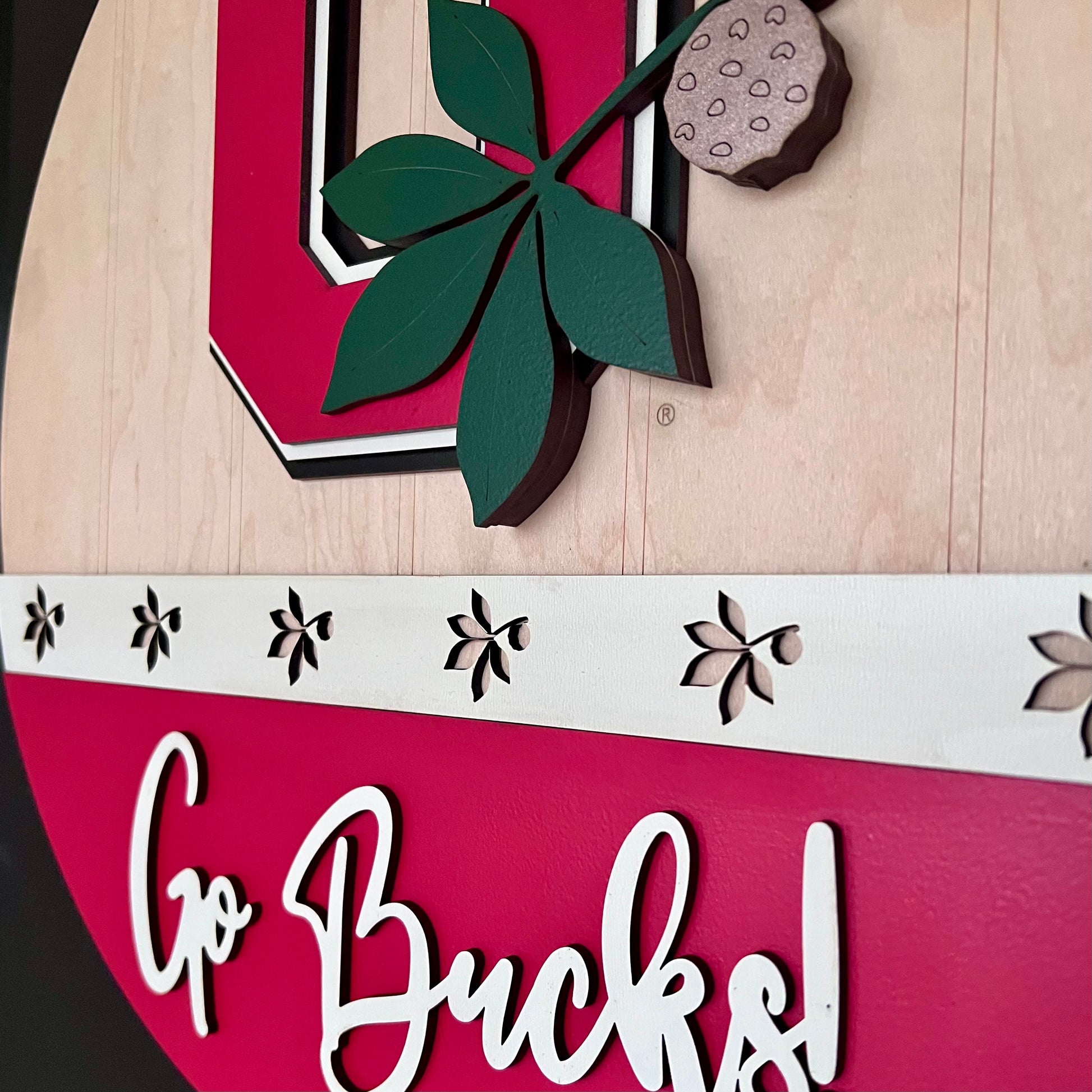 Ohio state buckeyes door hanger with Go Bucks and the block o with buckeye leaf logo.