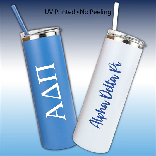 Alpha Delta Pi Skinny Tumbler | UV Printed ADPi Cup | Greek Letters or Script
