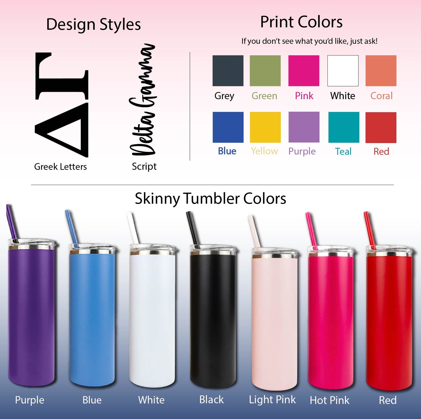 Delta Gamma Skinny Tumbler | UV Printed DG Cup | Greek Letters or Script