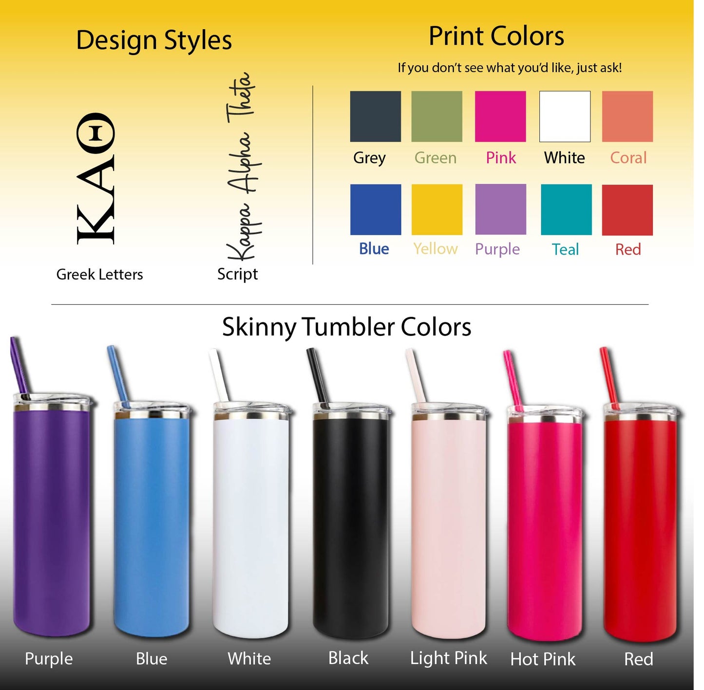 Kappa Alpha Theta Skinny Tumbler | UV Printed Theta Cup | Greek Letters or Script