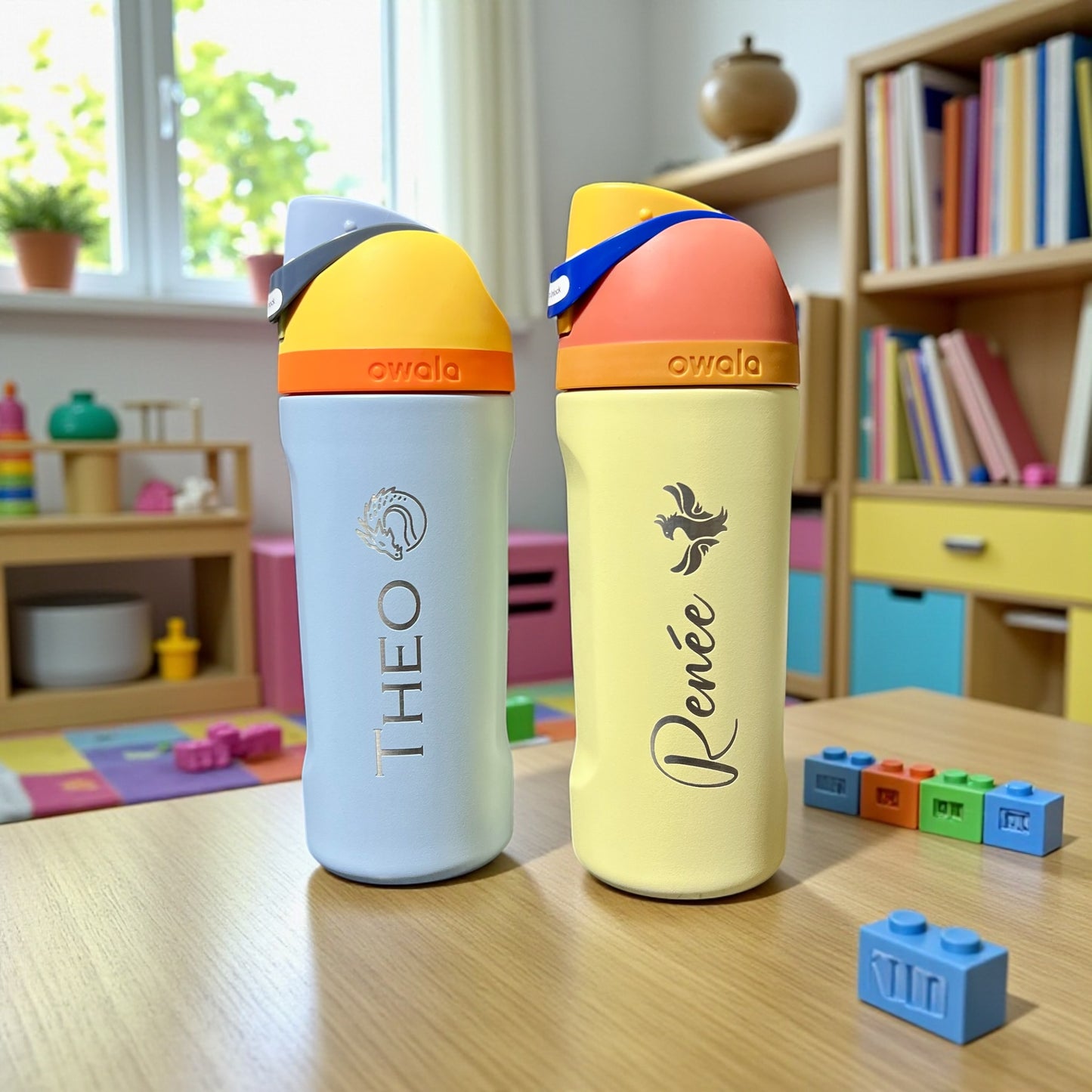Owala kids. Two colorful water bottles labeled 'Theo' and 'Renée' on a table with a child's play area in the background.