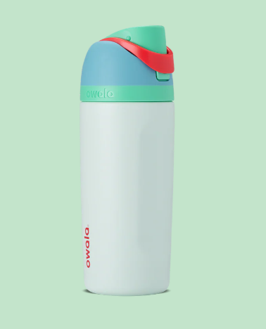 Owala Kids Rainforest Colorful water bottle with a red lid on a light green background