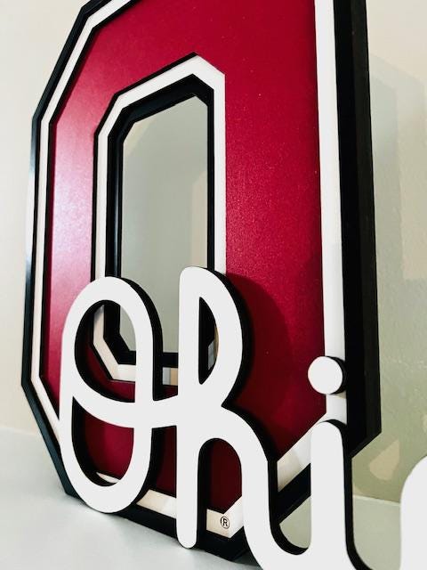 Close-up of 6-layer laser cut Ohio state Block O with Ohio Script Sign with stand