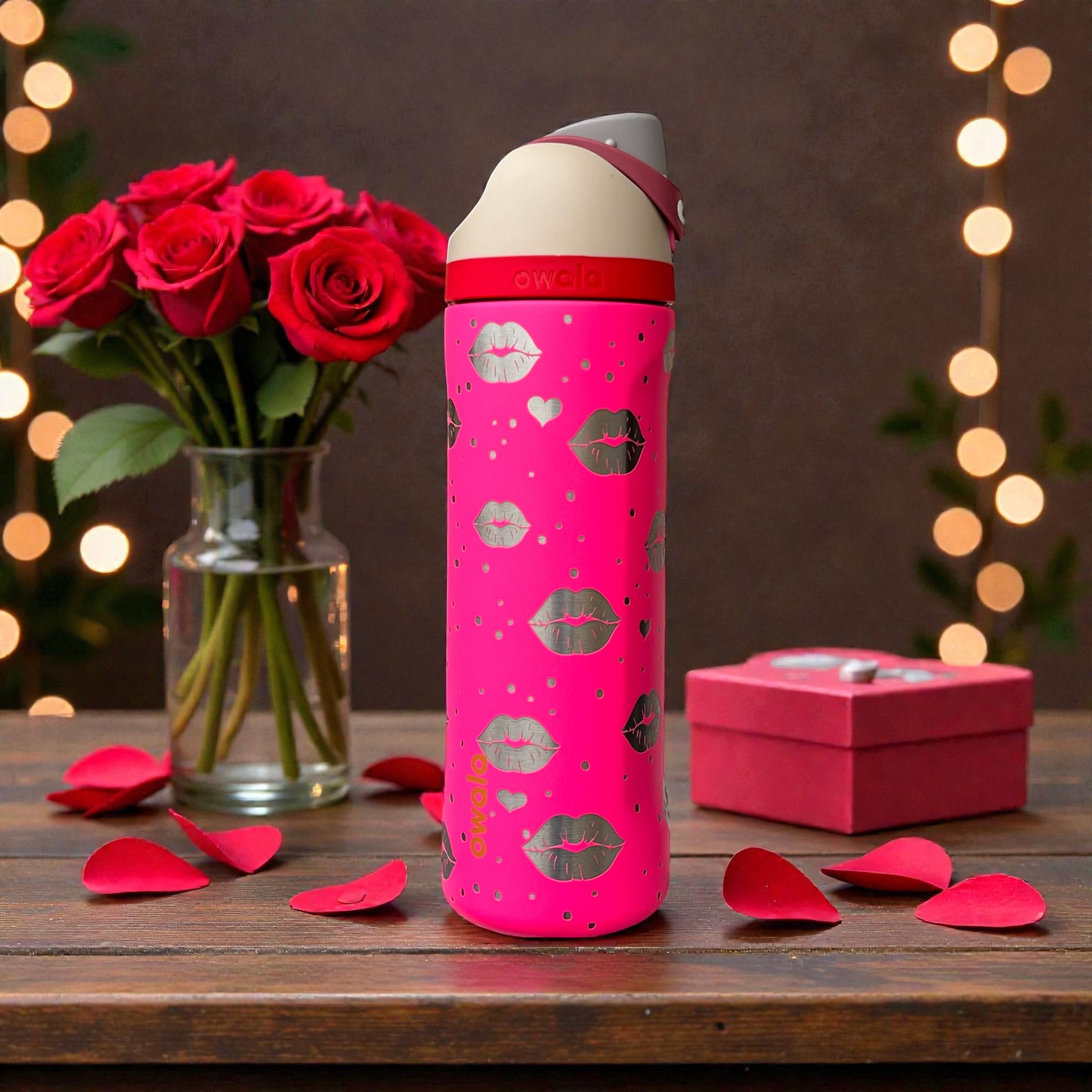 Owala water bottle in Can you See Me color with hearts and lips engraved for Valentine or Anniversary gift