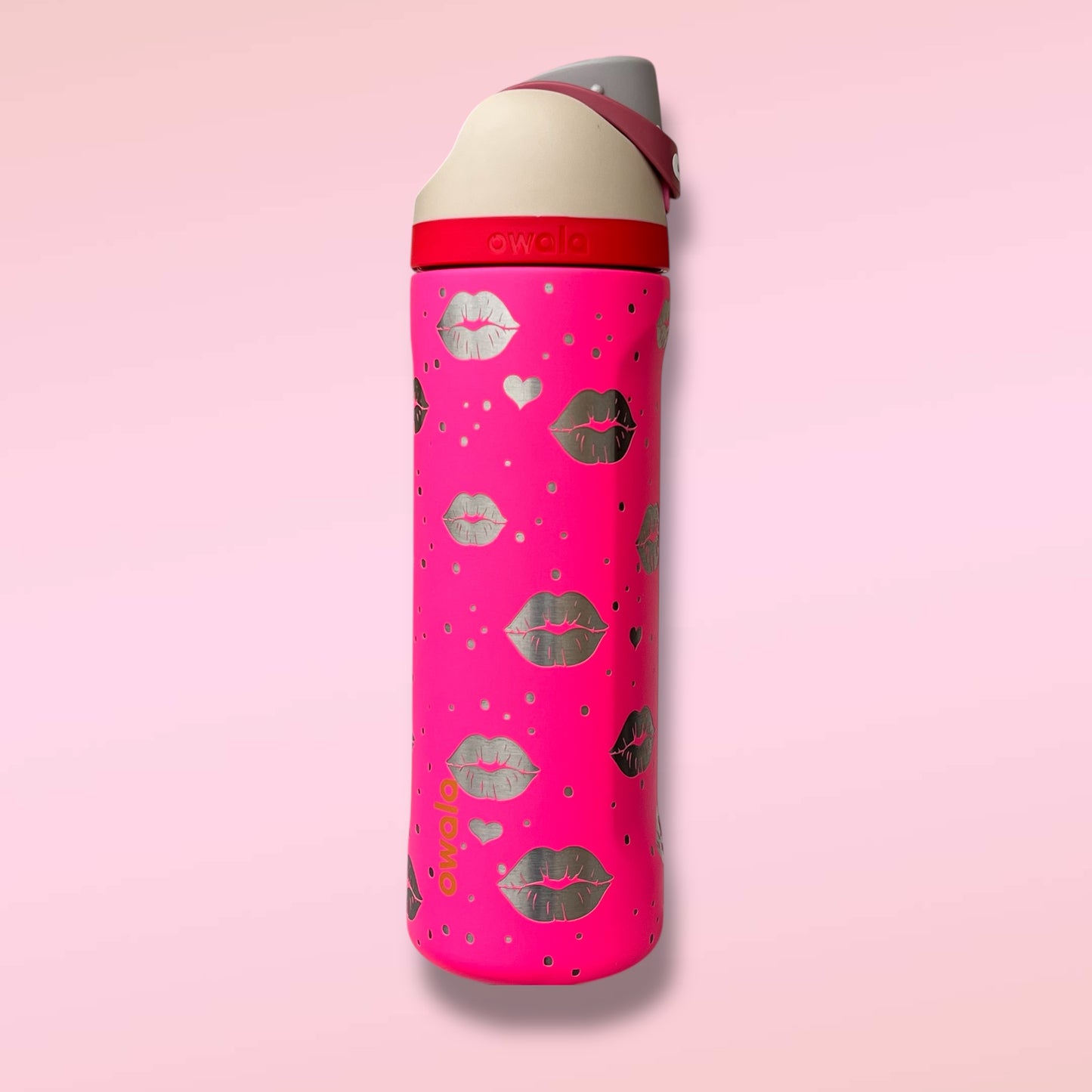 Owala Valentine Candy Coated with lips hearts and dots engraved all around