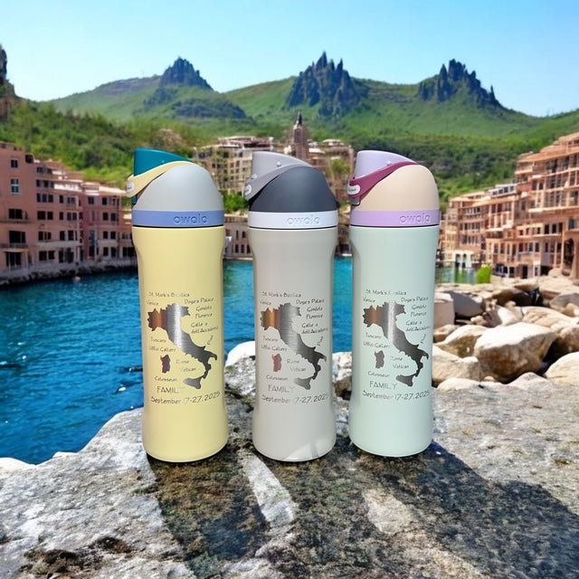 Engraved personalized Owala freesip 24oz water bottle examples with Italy map on them