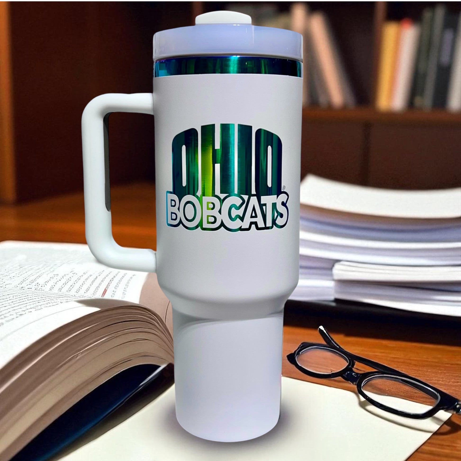 40oz Stanley-style white tumbler with green-plated Ohio Bobcats engraved