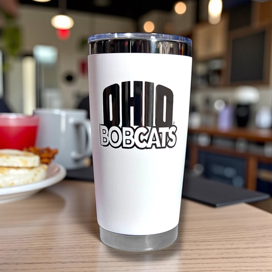 White coffee tumbler with black plated Ohio Bobcats engraving