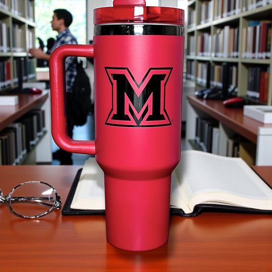 40oz Stanley-style tumbler with engraved black plated Miami University Ohio logo