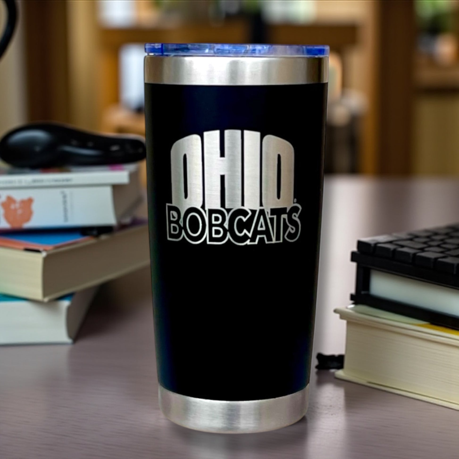 Black coffee tumbler with silver plated Ohio Bobcats engraving