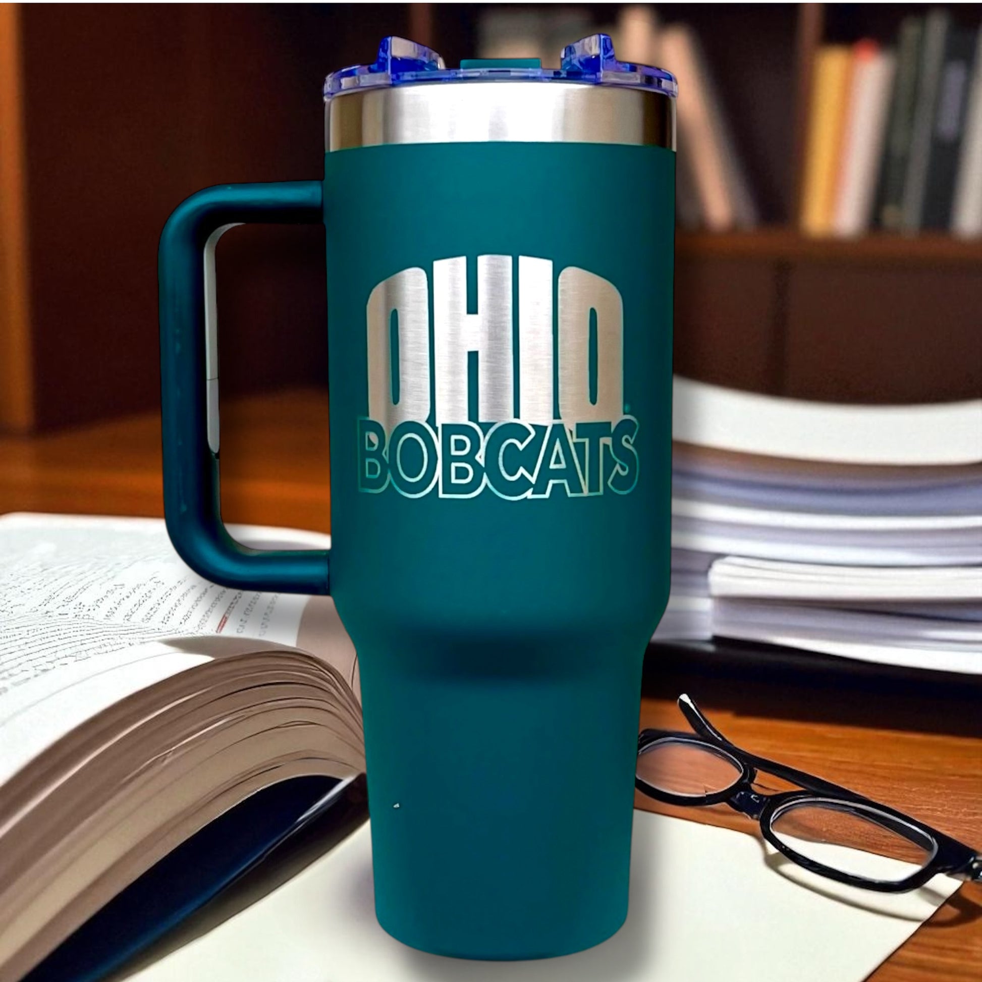 40oz Stanley-style green tumbler with silver-plated Ohio Bobcats engraved