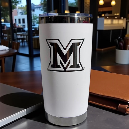 White coffee tumbler with black-plated Miami Ohio logo engraved