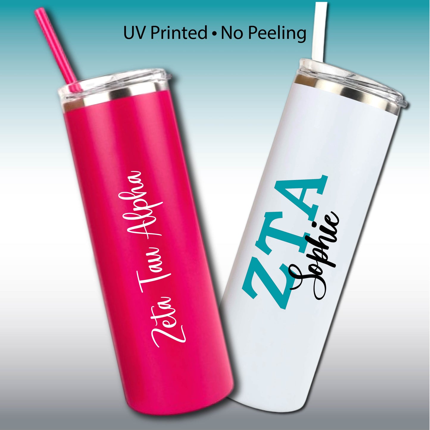 Zeta Tau Alpha Skinny Tumbler | UV Printed ZTA Cup | Greek Letters or Script