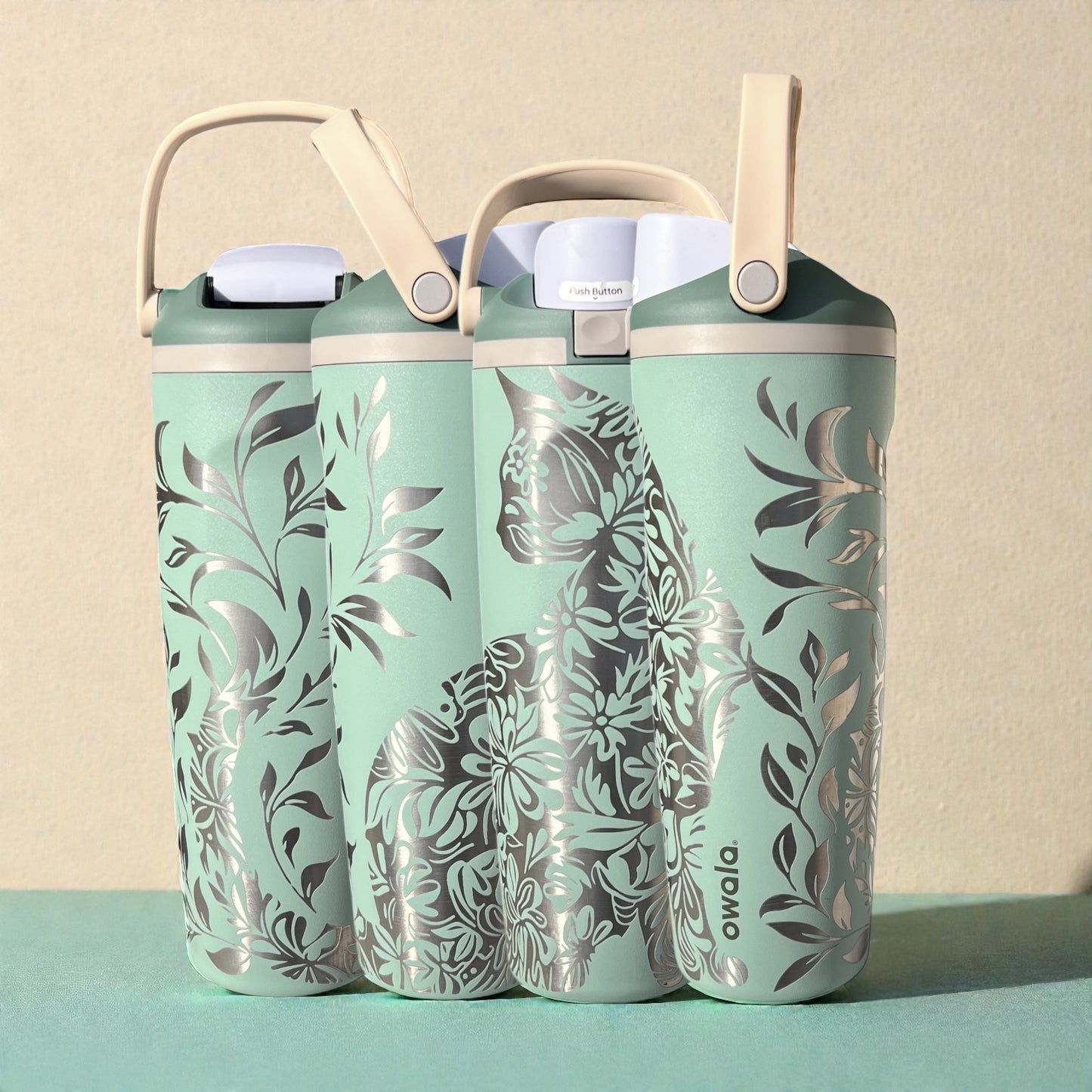 Owala Freesip Sway in Eucalyptus with Cat intricate floral cat engraved all around