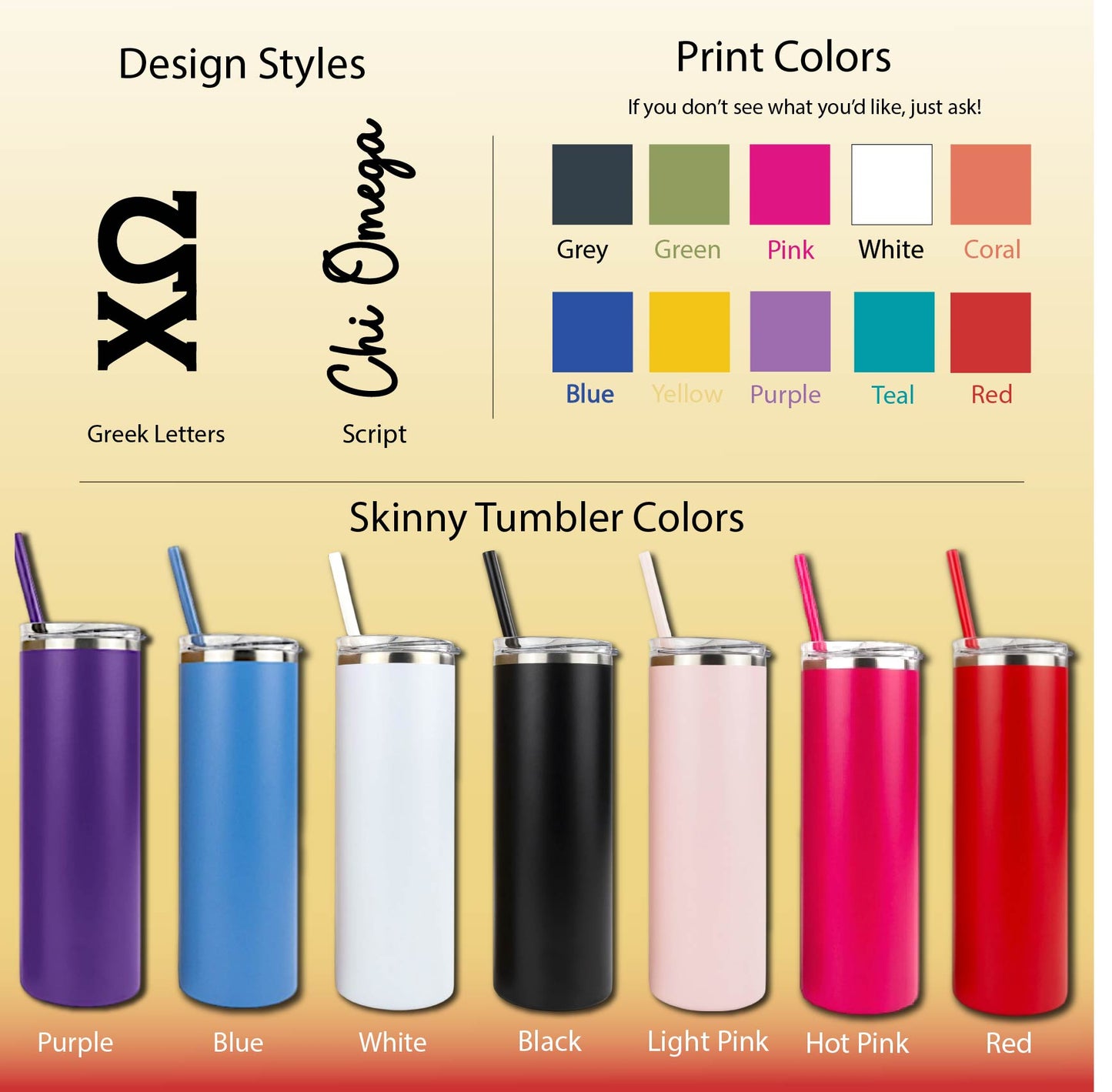 Chi Omega Skinny Tumbler | UV Printed Chi O Cup | Greek Letters or Script