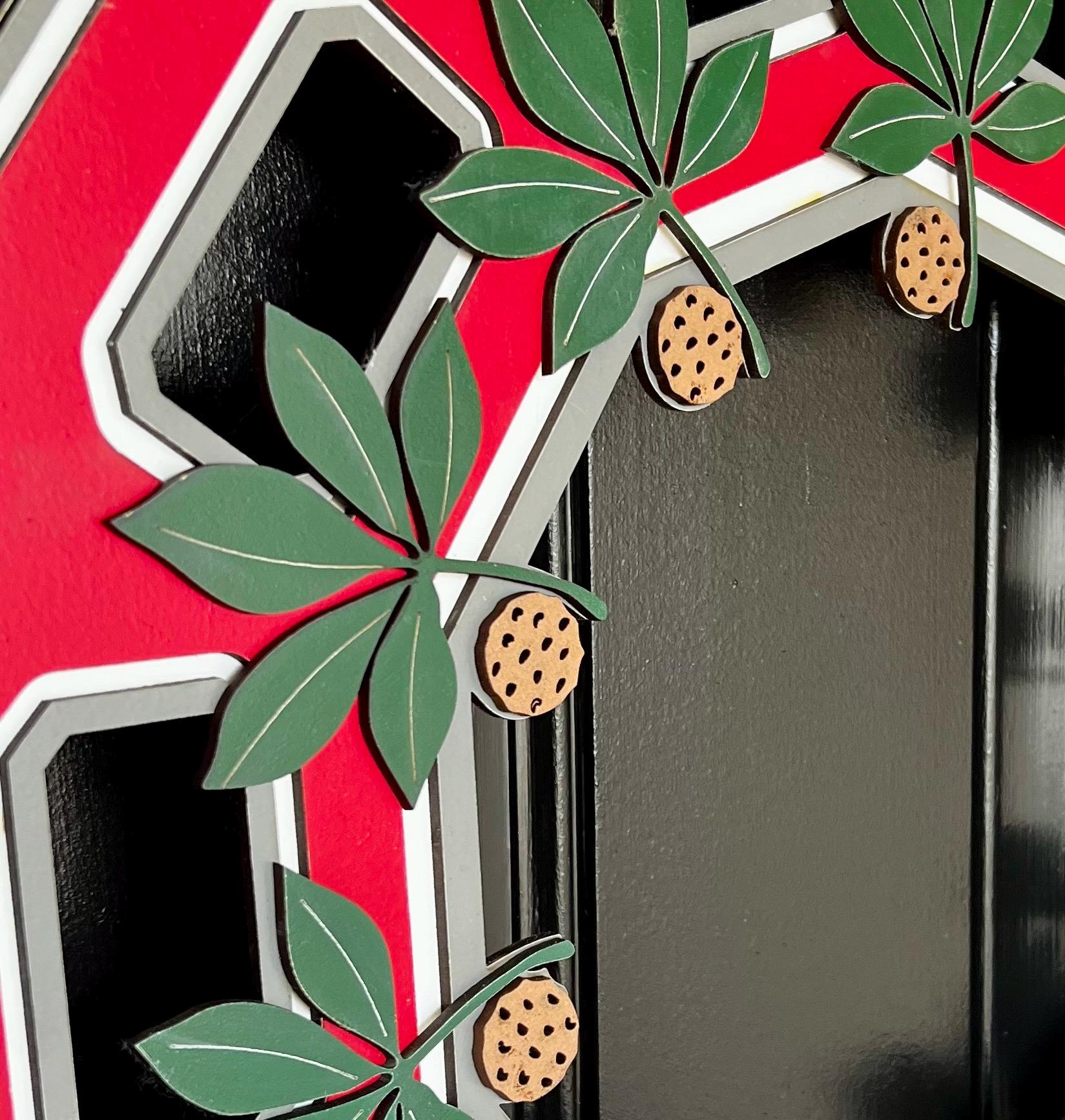 close-up of Block O Ohio state wreath with Go Buckeyes in the center