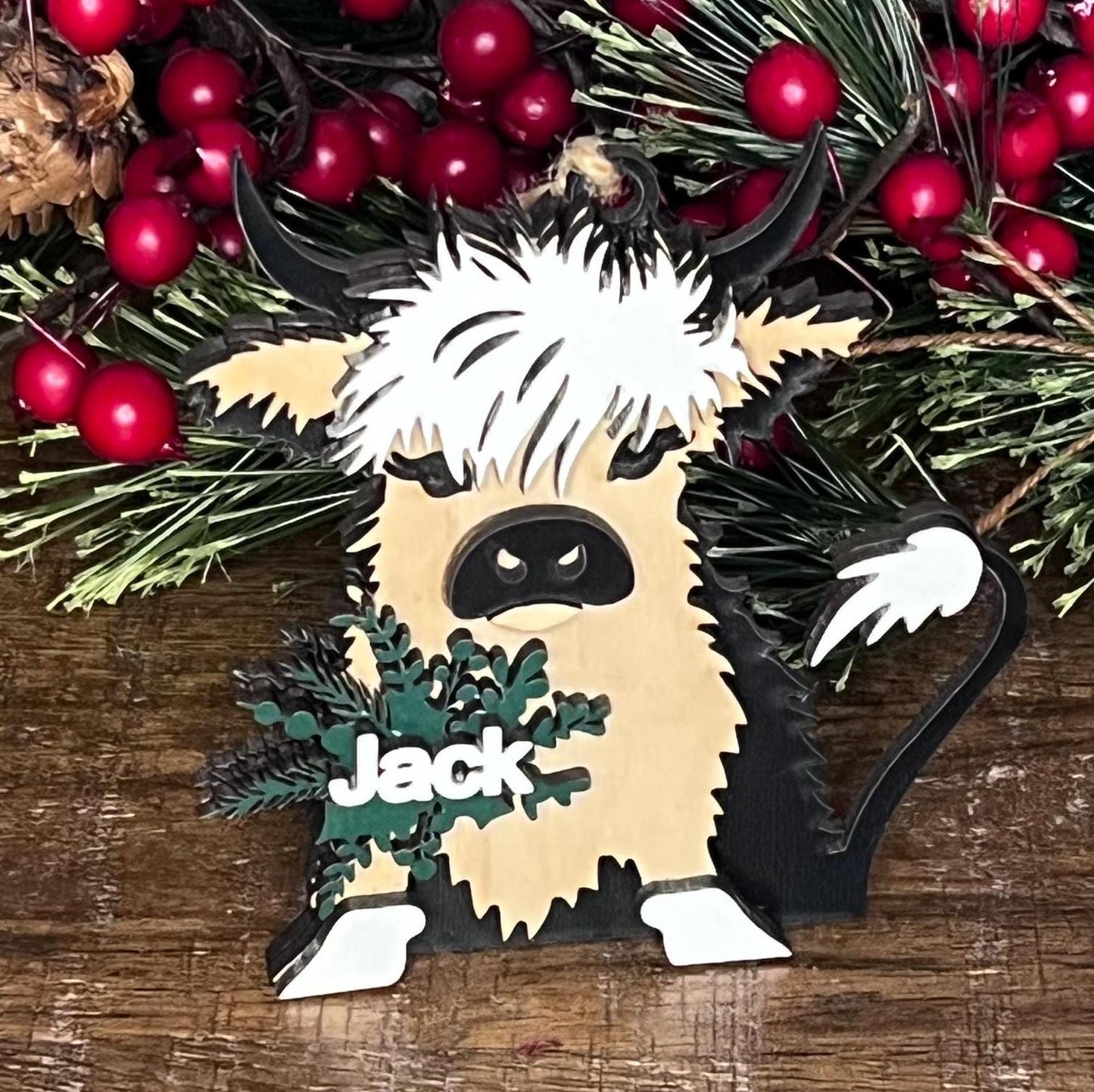 Layered Highland Cow Christmas Ornament