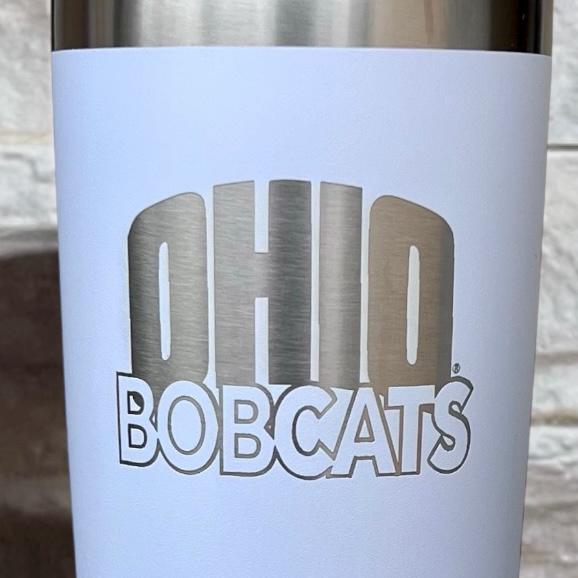 White coffee tumbler with silver plated Ohio Bobcats engraved