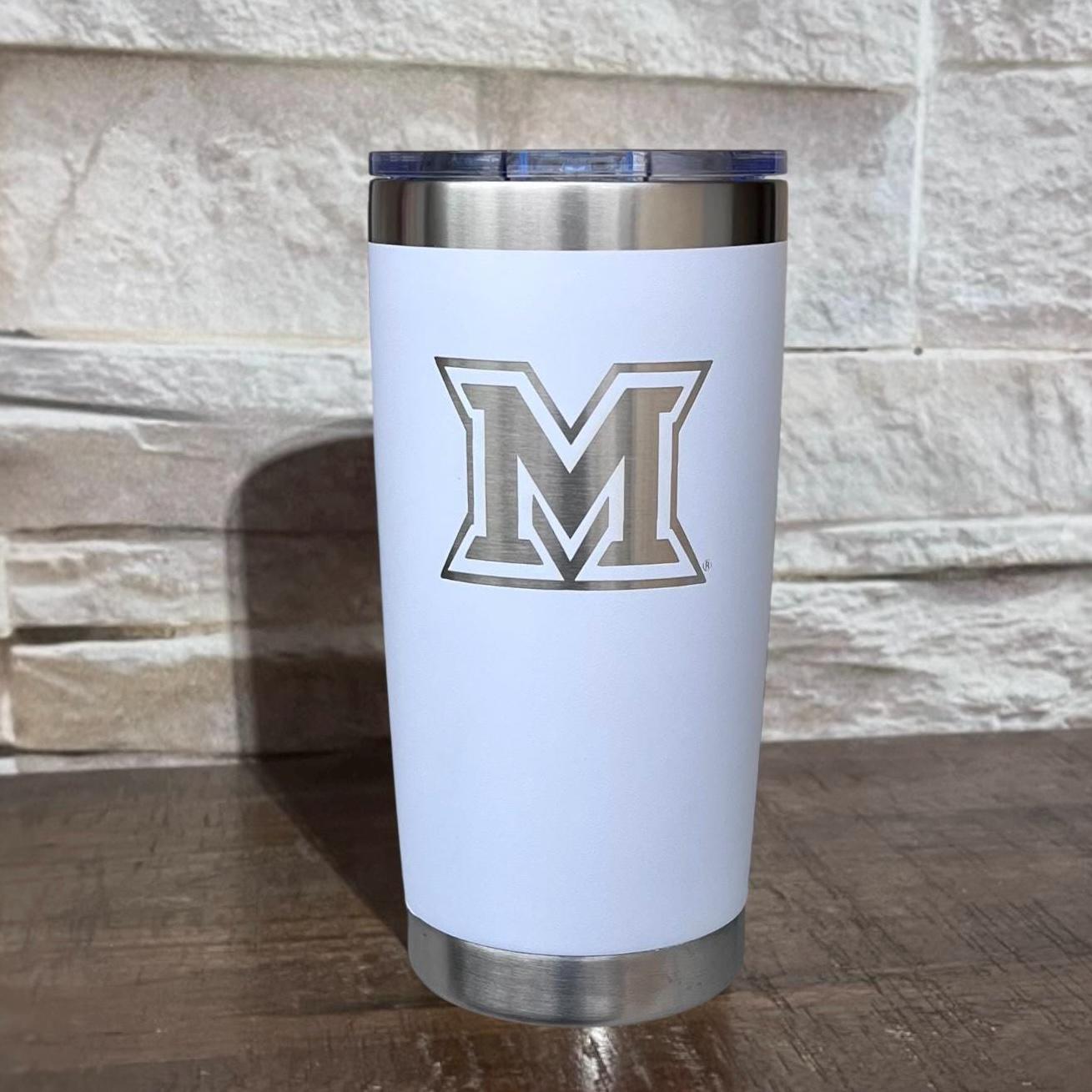 White coffee tumbler with silver Miami Ohio logo engraved