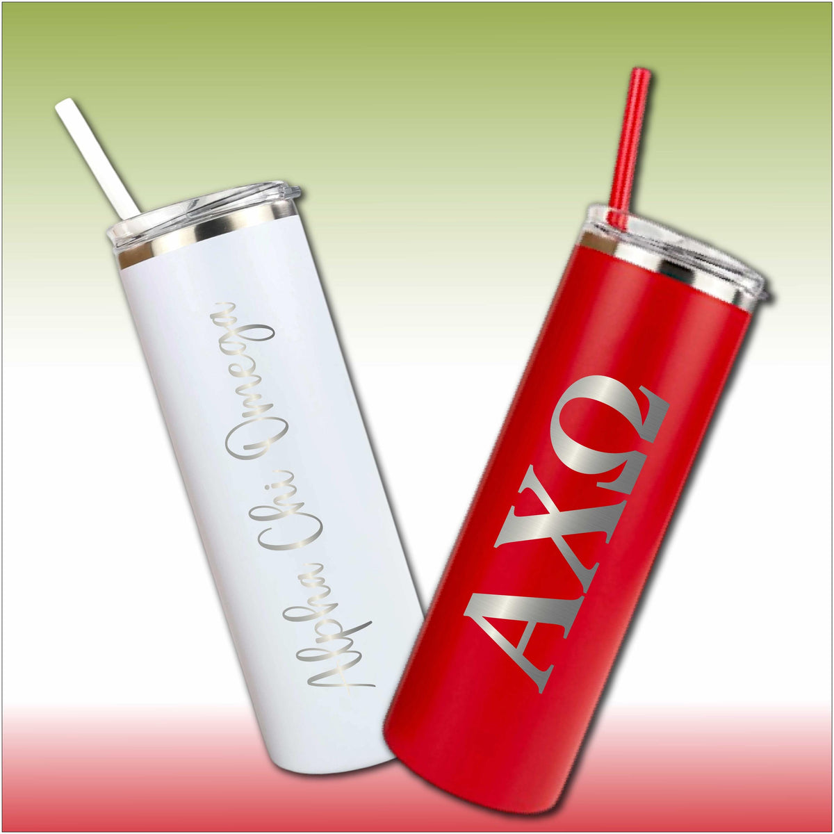 Alpha Chi Omega Skinny Tumbler | Engraved Greek Letters or Script